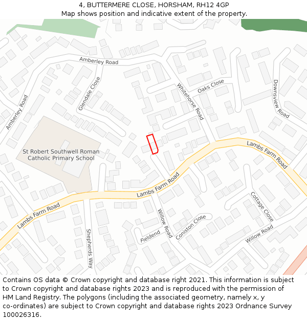 4, BUTTERMERE CLOSE, HORSHAM, RH12 4GP: Location map and indicative extent of plot