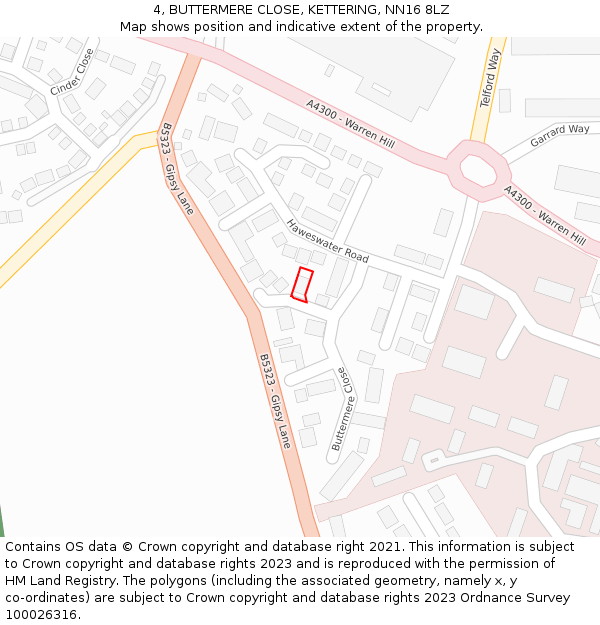 4, BUTTERMERE CLOSE, KETTERING, NN16 8LZ: Location map and indicative extent of plot