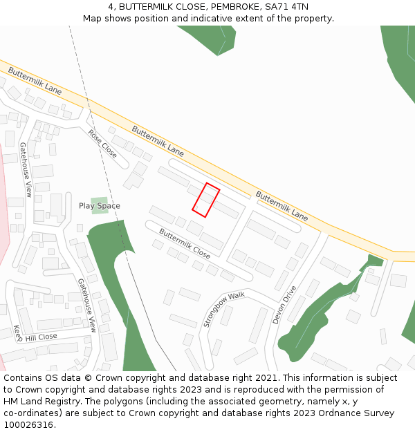 4, BUTTERMILK CLOSE, PEMBROKE, SA71 4TN: Location map and indicative extent of plot