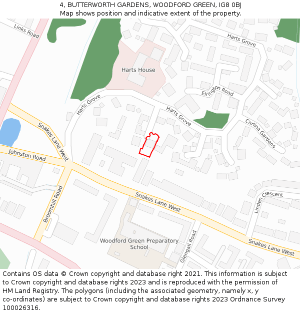 4, BUTTERWORTH GARDENS, WOODFORD GREEN, IG8 0BJ: Location map and indicative extent of plot