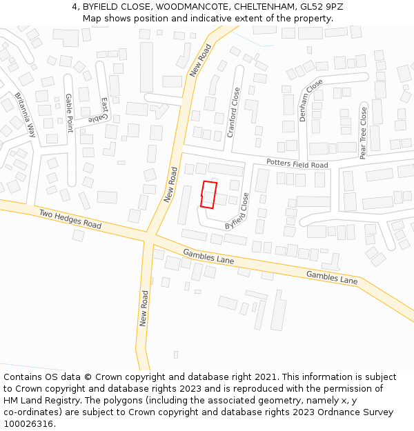 4, BYFIELD CLOSE, WOODMANCOTE, CHELTENHAM, GL52 9PZ: Location map and indicative extent of plot