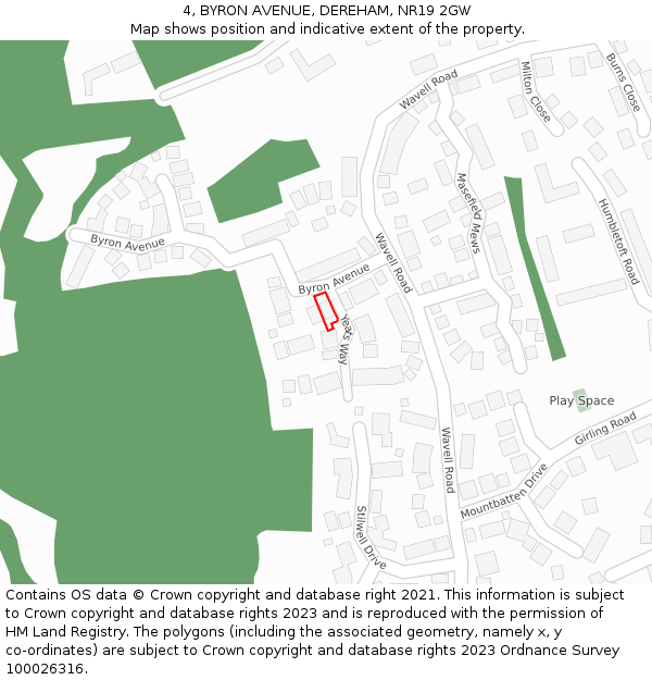 4, BYRON AVENUE, DEREHAM, NR19 2GW: Location map and indicative extent of plot