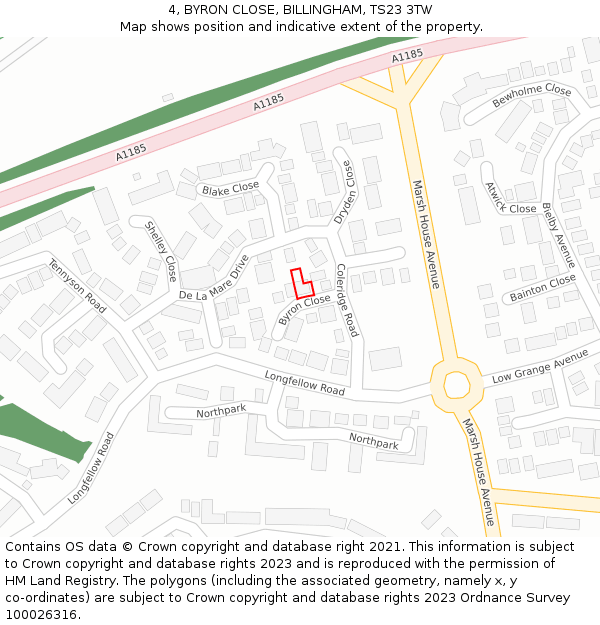 4, BYRON CLOSE, BILLINGHAM, TS23 3TW: Location map and indicative extent of plot