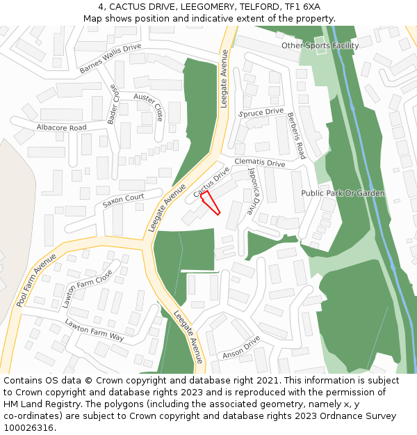 4, CACTUS DRIVE, LEEGOMERY, TELFORD, TF1 6XA: Location map and indicative extent of plot