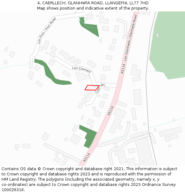 4, CAERLLECH, GLANHWFA ROAD, LLANGEFNI, LL77 7HD: Location map and indicative extent of plot