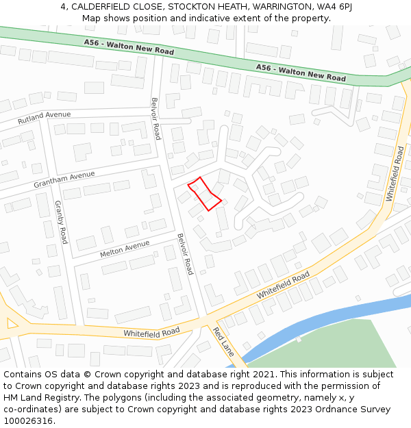 4, CALDERFIELD CLOSE, STOCKTON HEATH, WARRINGTON, WA4 6PJ: Location map and indicative extent of plot