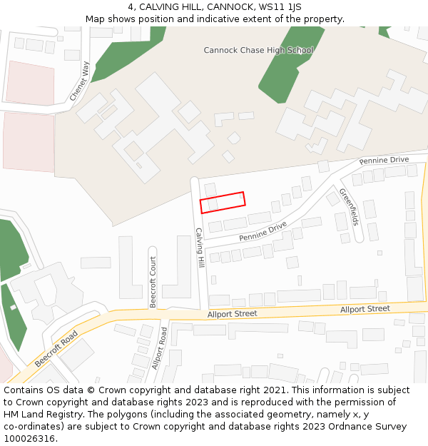 4, CALVING HILL, CANNOCK, WS11 1JS: Location map and indicative extent of plot