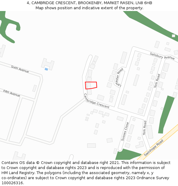 4, CAMBRIDGE CRESCENT, BROOKENBY, MARKET RASEN, LN8 6HB: Location map and indicative extent of plot