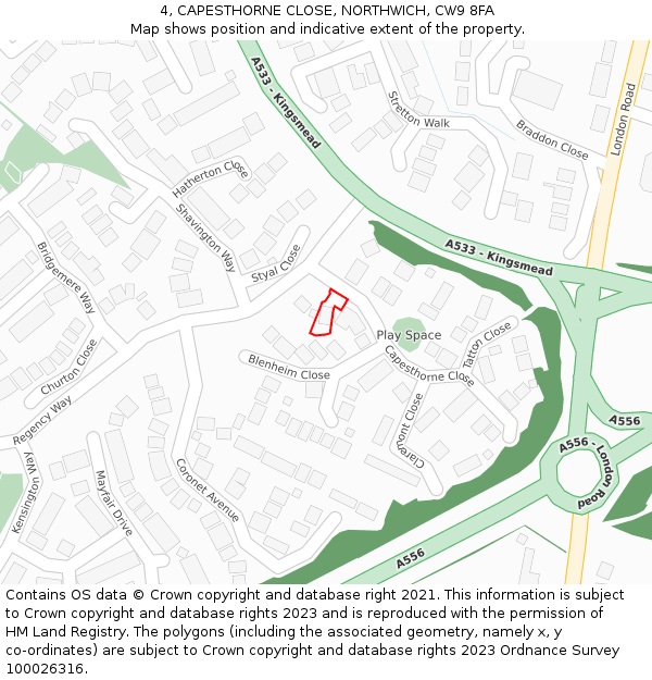 4, CAPESTHORNE CLOSE, NORTHWICH, CW9 8FA: Location map and indicative extent of plot