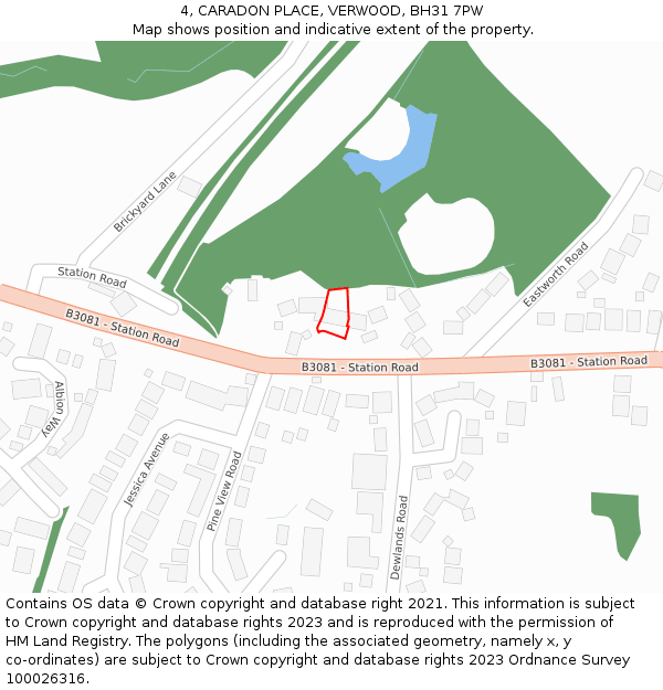 4, CARADON PLACE, VERWOOD, BH31 7PW: Location map and indicative extent of plot