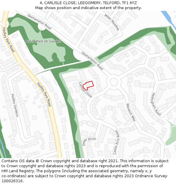 4, CARLISLE CLOSE, LEEGOMERY, TELFORD, TF1 6YZ: Location map and indicative extent of plot