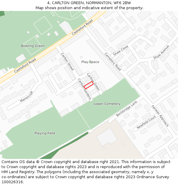 4, CARLTON GREEN, NORMANTON, WF6 2BW: Location map and indicative extent of plot