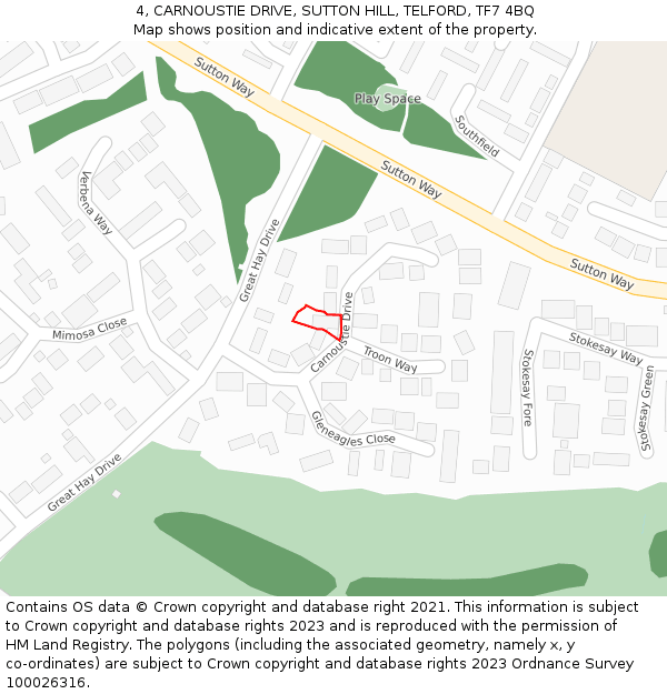 4, CARNOUSTIE DRIVE, SUTTON HILL, TELFORD, TF7 4BQ: Location map and indicative extent of plot