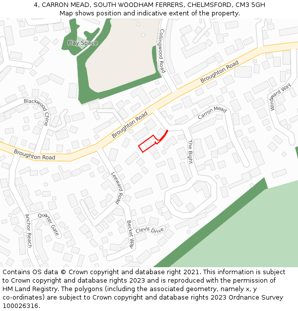 4, CARRON MEAD, SOUTH WOODHAM FERRERS, CHELMSFORD, CM3 5GH: Location map and indicative extent of plot