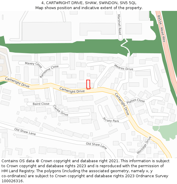 4, CARTWRIGHT DRIVE, SHAW, SWINDON, SN5 5QL: Location map and indicative extent of plot