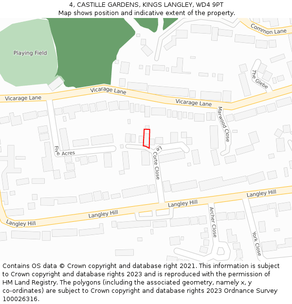 4, CASTILLE GARDENS, KINGS LANGLEY, WD4 9PT: Location map and indicative extent of plot