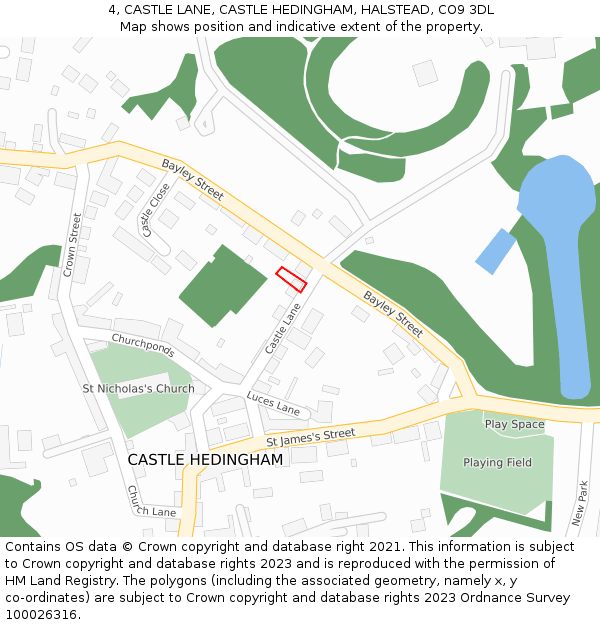 4, CASTLE LANE, CASTLE HEDINGHAM, HALSTEAD, CO9 3DL: Location map and indicative extent of plot