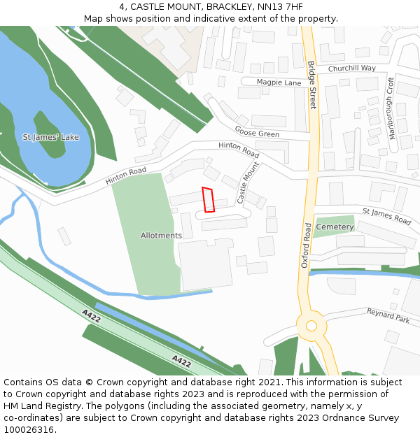 4, CASTLE MOUNT, BRACKLEY, NN13 7HF: Location map and indicative extent of plot