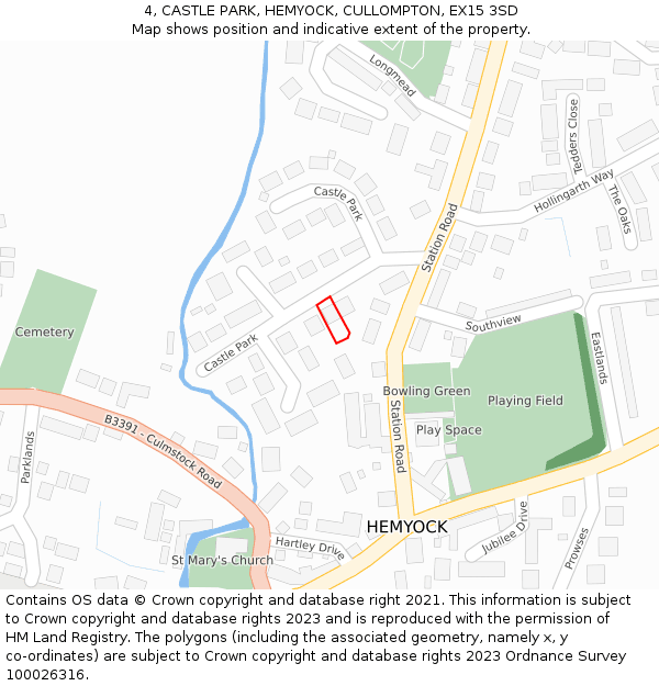 4, CASTLE PARK, HEMYOCK, CULLOMPTON, EX15 3SD: Location map and indicative extent of plot