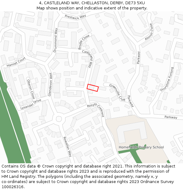 4, CASTLELAND WAY, CHELLASTON, DERBY, DE73 5XU: Location map and indicative extent of plot
