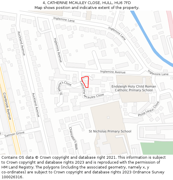 4, CATHERINE MCAULEY CLOSE, HULL, HU6 7FD: Location map and indicative extent of plot