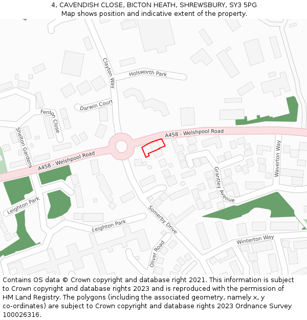 4, CAVENDISH CLOSE, BICTON HEATH, SHREWSBURY, SY3 5PG: Location map and indicative extent of plot