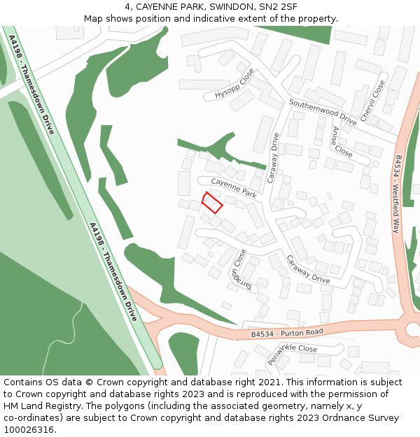 4, CAYENNE PARK, SWINDON, SN2 2SF: Location map and indicative extent of plot