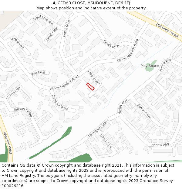 4, CEDAR CLOSE, ASHBOURNE, DE6 1FJ: Location map and indicative extent of plot