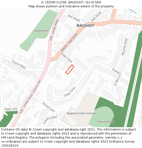 4, CEDAR CLOSE, BAGSHOT, GU19 5AD: Location map and indicative extent of plot