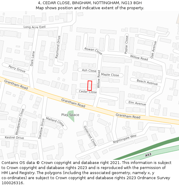4, CEDAR CLOSE, BINGHAM, NOTTINGHAM, NG13 8GH: Location map and indicative extent of plot
