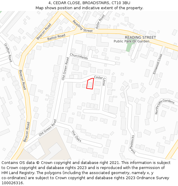 4, CEDAR CLOSE, BROADSTAIRS, CT10 3BU: Location map and indicative extent of plot