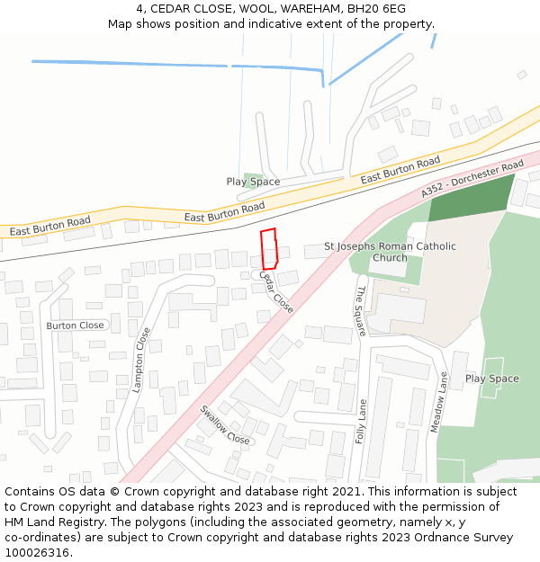 4, CEDAR CLOSE, WOOL, WAREHAM, BH20 6EG: Location map and indicative extent of plot