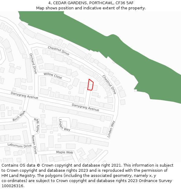 4, CEDAR GARDENS, PORTHCAWL, CF36 5AF: Location map and indicative extent of plot