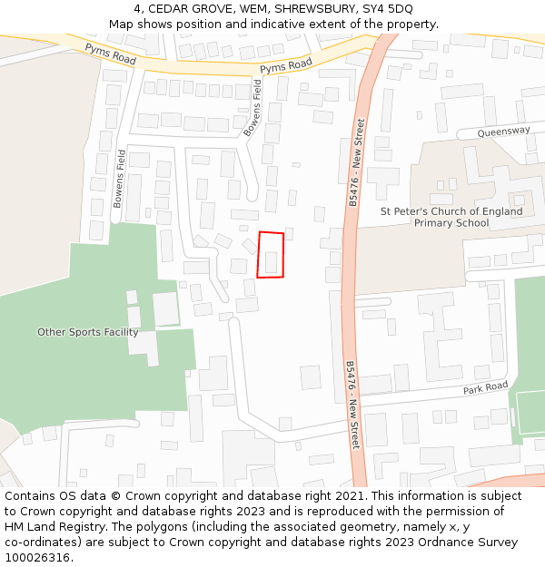 4, CEDAR GROVE, WEM, SHREWSBURY, SY4 5DQ: Location map and indicative extent of plot