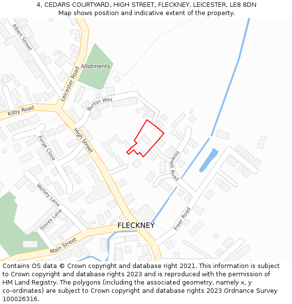 4, CEDARS COURTYARD, HIGH STREET, FLECKNEY, LEICESTER, LE8 8DN: Location map and indicative extent of plot