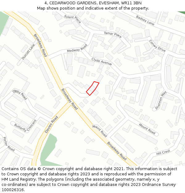4, CEDARWOOD GARDENS, EVESHAM, WR11 3BN: Location map and indicative extent of plot