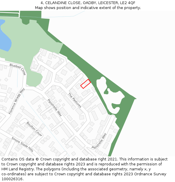 4, CELANDINE CLOSE, OADBY, LEICESTER, LE2 4QF: Location map and indicative extent of plot