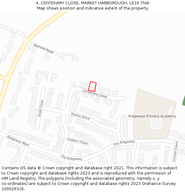 4, CENTENARY CLOSE, MARKET HARBOROUGH, LE16 7NW: Location map and indicative extent of plot