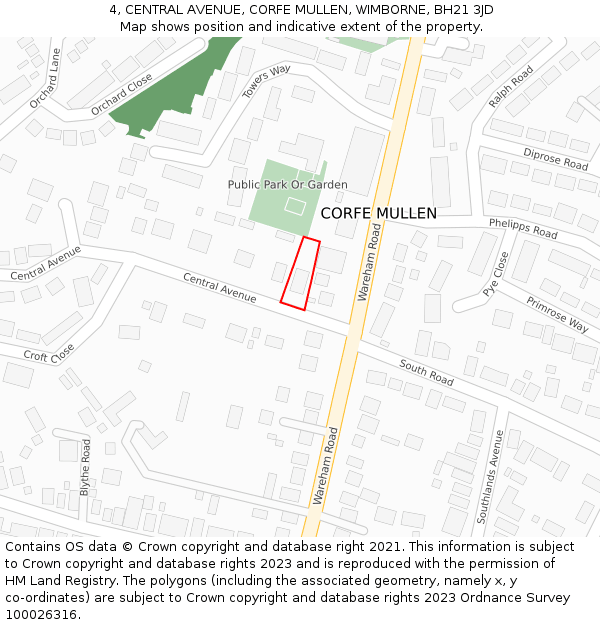 4, CENTRAL AVENUE, CORFE MULLEN, WIMBORNE, BH21 3JD: Location map and indicative extent of plot