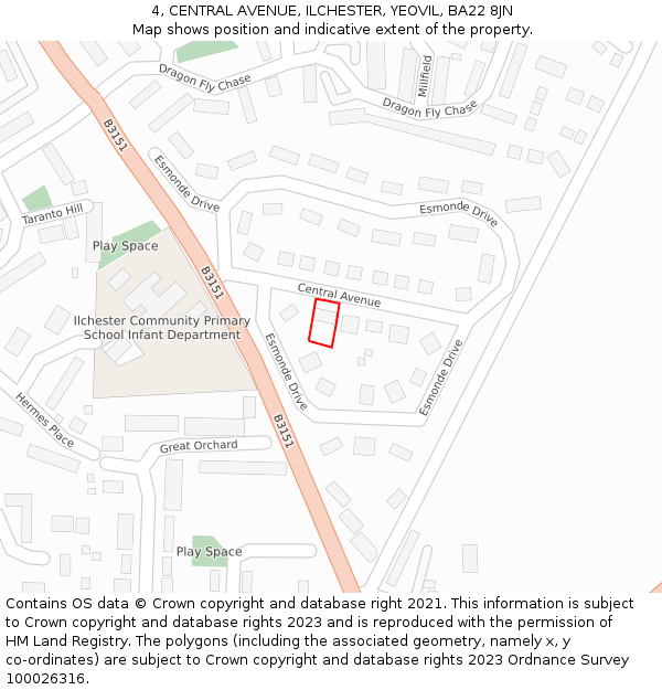 4, CENTRAL AVENUE, ILCHESTER, YEOVIL, BA22 8JN: Location map and indicative extent of plot