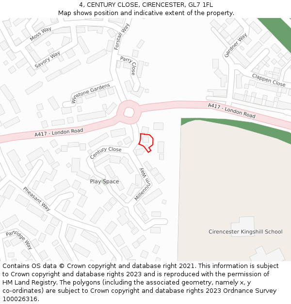 4, CENTURY CLOSE, CIRENCESTER, GL7 1FL: Location map and indicative extent of plot