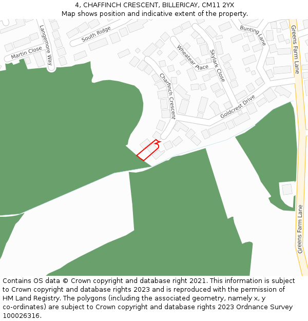 4, CHAFFINCH CRESCENT, BILLERICAY, CM11 2YX: Location map and indicative extent of plot