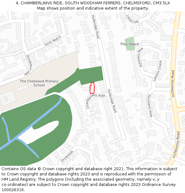 4, CHAMBERLAINS RIDE, SOUTH WOODHAM FERRERS, CHELMSFORD, CM3 5LX: Location map and indicative extent of plot