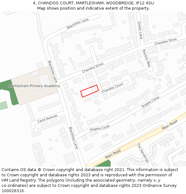 4, CHANDOS COURT, MARTLESHAM, WOODBRIDGE, IP12 4SU: Location map and indicative extent of plot