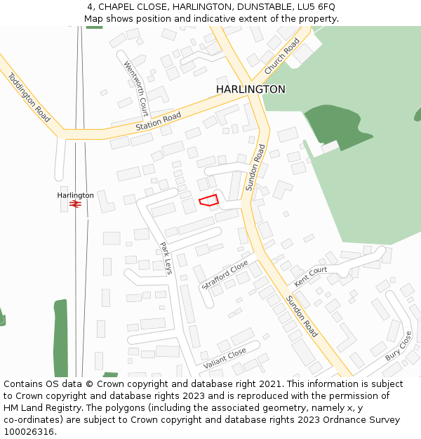 4, CHAPEL CLOSE, HARLINGTON, DUNSTABLE, LU5 6FQ: Location map and indicative extent of plot