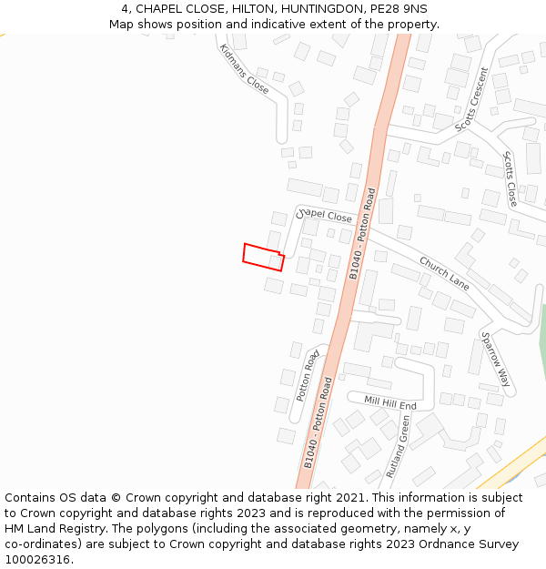 4, CHAPEL CLOSE, HILTON, HUNTINGDON, PE28 9NS: Location map and indicative extent of plot