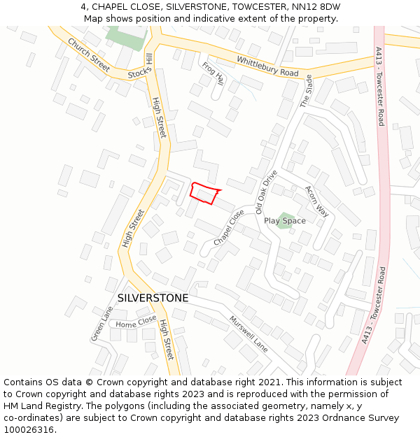 4, CHAPEL CLOSE, SILVERSTONE, TOWCESTER, NN12 8DW: Location map and indicative extent of plot
