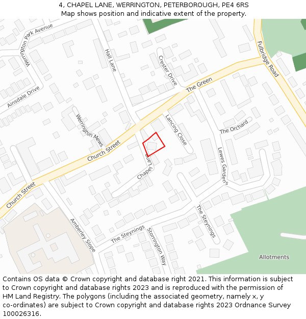 4, CHAPEL LANE, WERRINGTON, PETERBOROUGH, PE4 6RS: Location map and indicative extent of plot