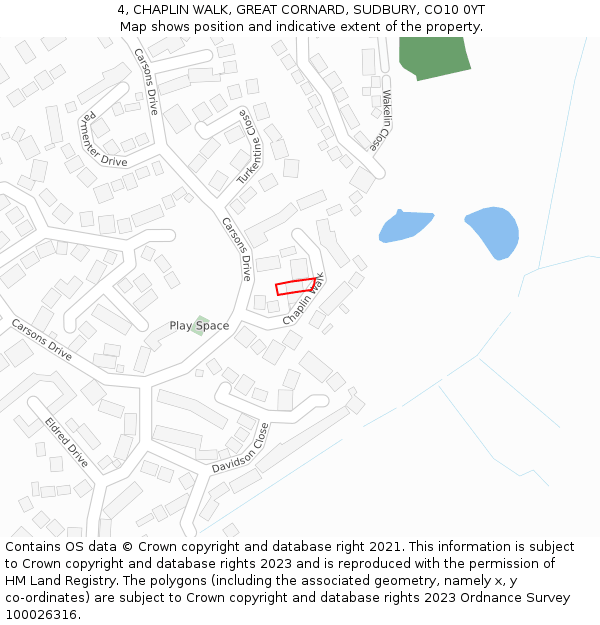 4, CHAPLIN WALK, GREAT CORNARD, SUDBURY, CO10 0YT: Location map and indicative extent of plot