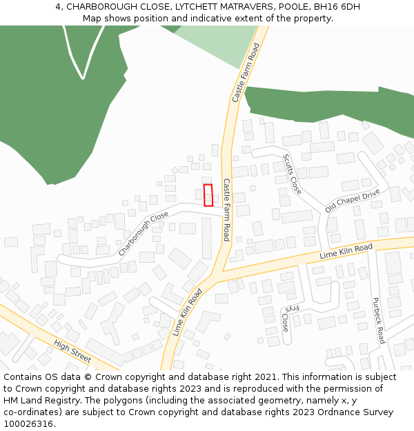 4, CHARBOROUGH CLOSE, LYTCHETT MATRAVERS, POOLE, BH16 6DH: Location map and indicative extent of plot